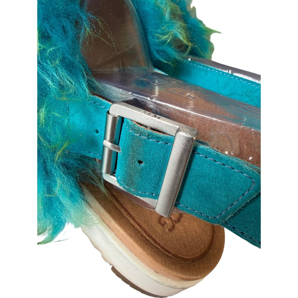 UGG Womens Teal Lime Green Faux Fur Slingback Holly Sandals Buckle Strap  10 - Picture 3 of 13